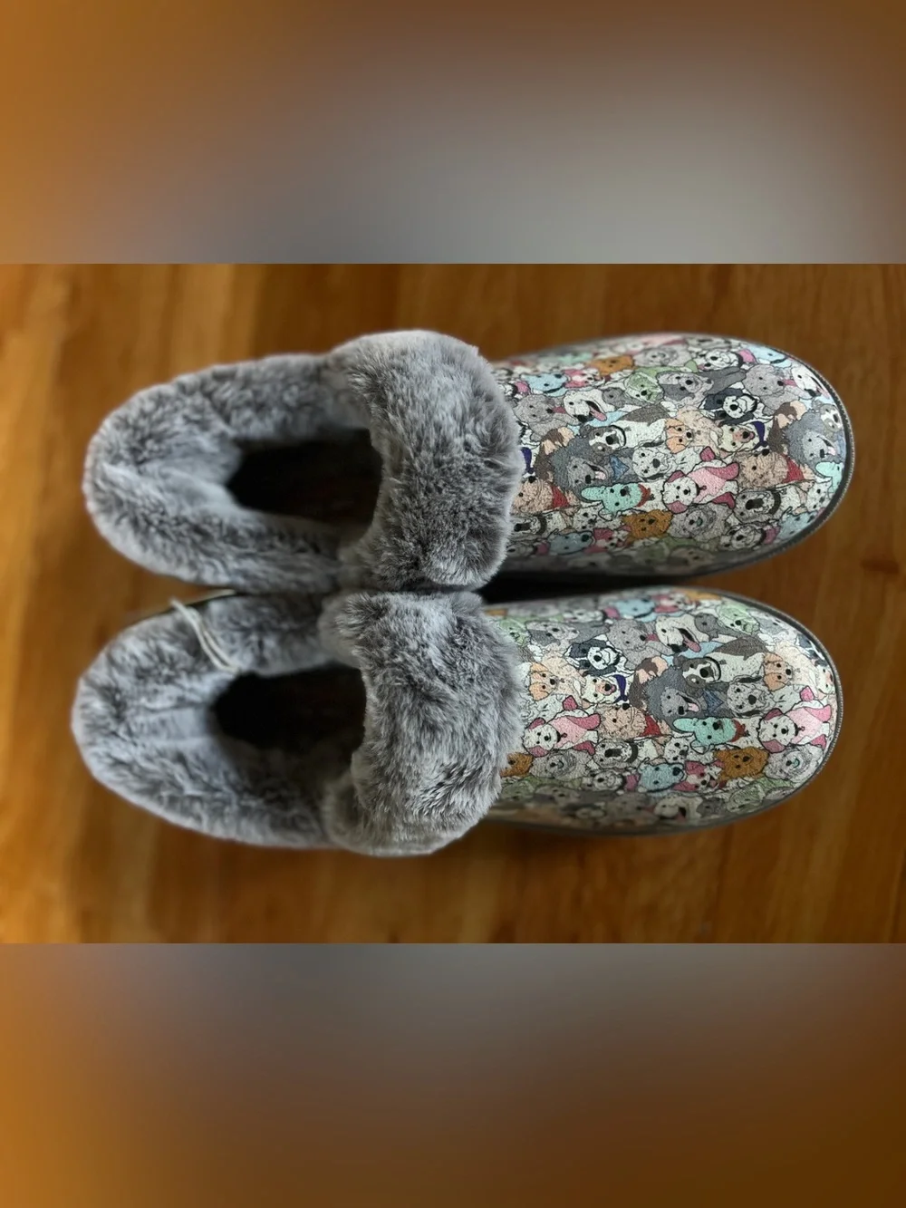 BOBS from Skechers Gray Plush Clog Slippers with Multicolor Puppy Pattern